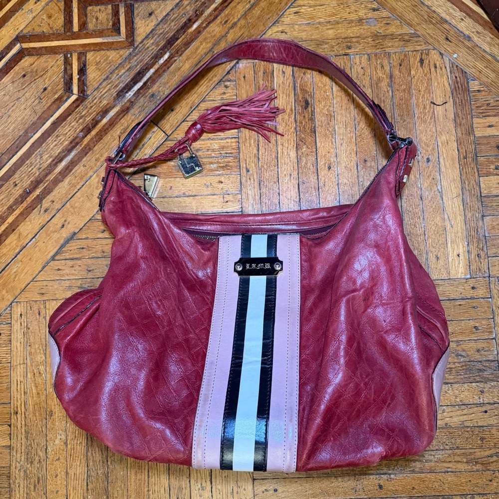 L.A.M.B. Red Leather Hobo Bag with Stripe